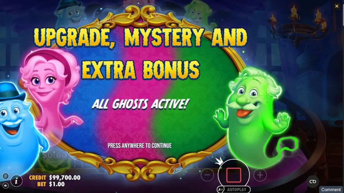 Isang makulay na screenshot ng Great Ghosts! slot na nagpapakita ng mga karakter at ghost-themed symbols sa grid.