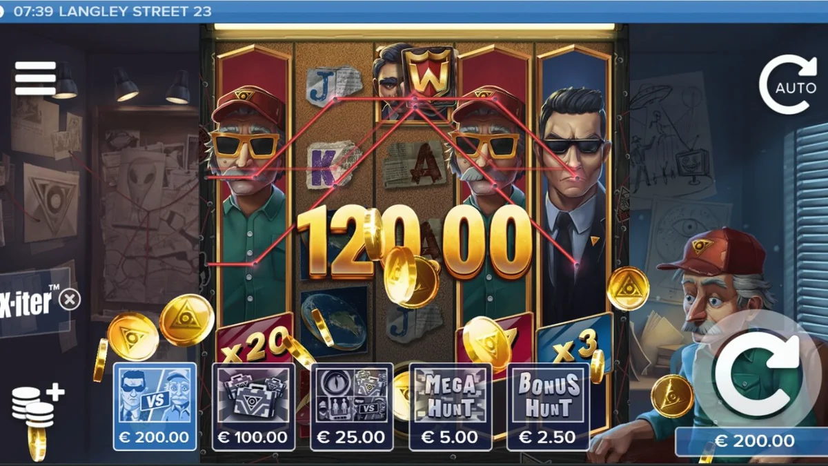 Isang misteryosong 90s noir detective office na may mga red-string crime board sa background ng Langley Street 23 slot.