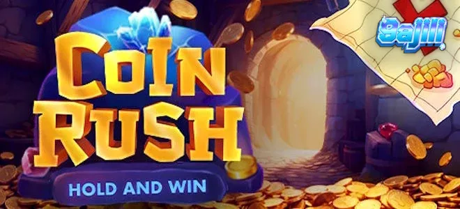 Isang makulay na 3x3 slot interface ng Coin Rush na nagpapakita ng mga coin at progress cart.